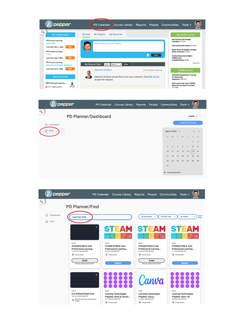 Screenshots of Pepper professional learning management system